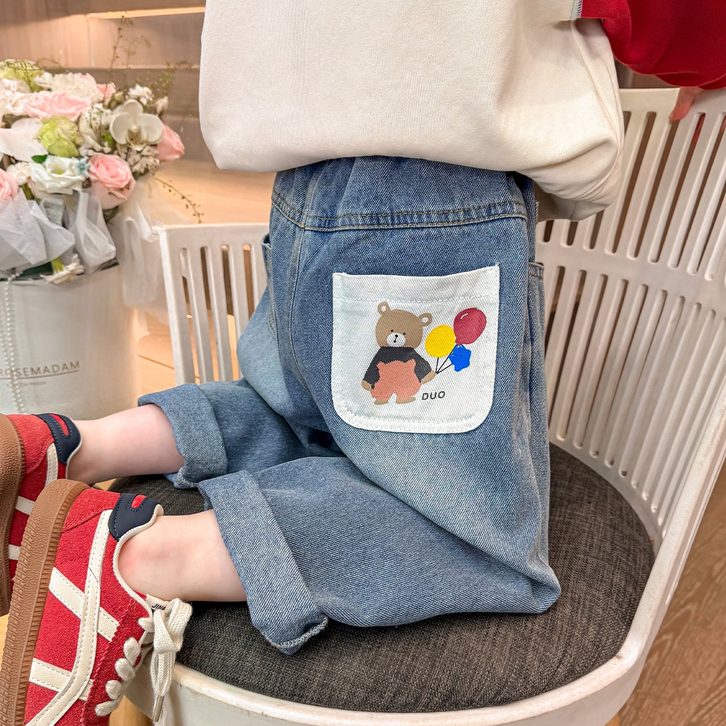 Children's Pocket Printed Jeans Girls Dad Pants Kids Clothing