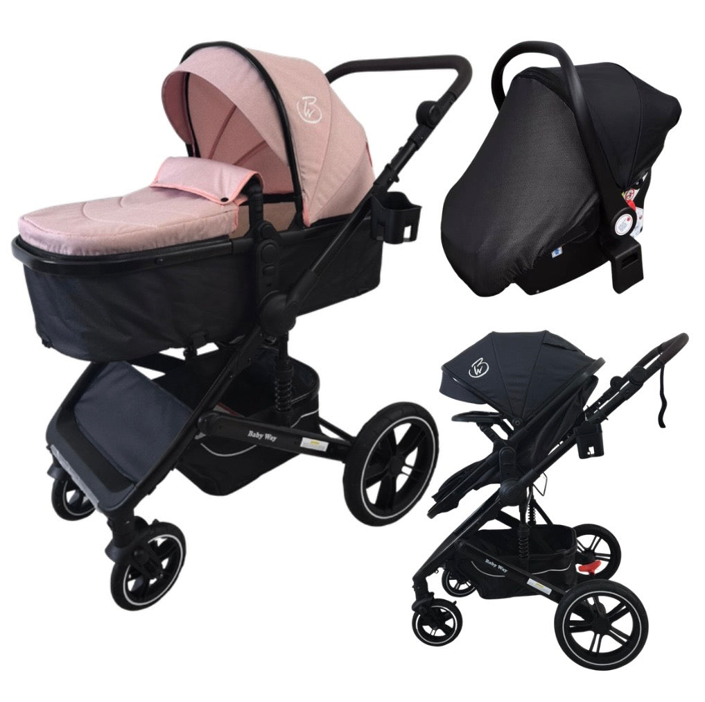 Supra Black - 3in1 Stroller Buggy + Bassinet + Capsule Travel System with Sunshade Sets & Food Tray & Pink Colour Pack