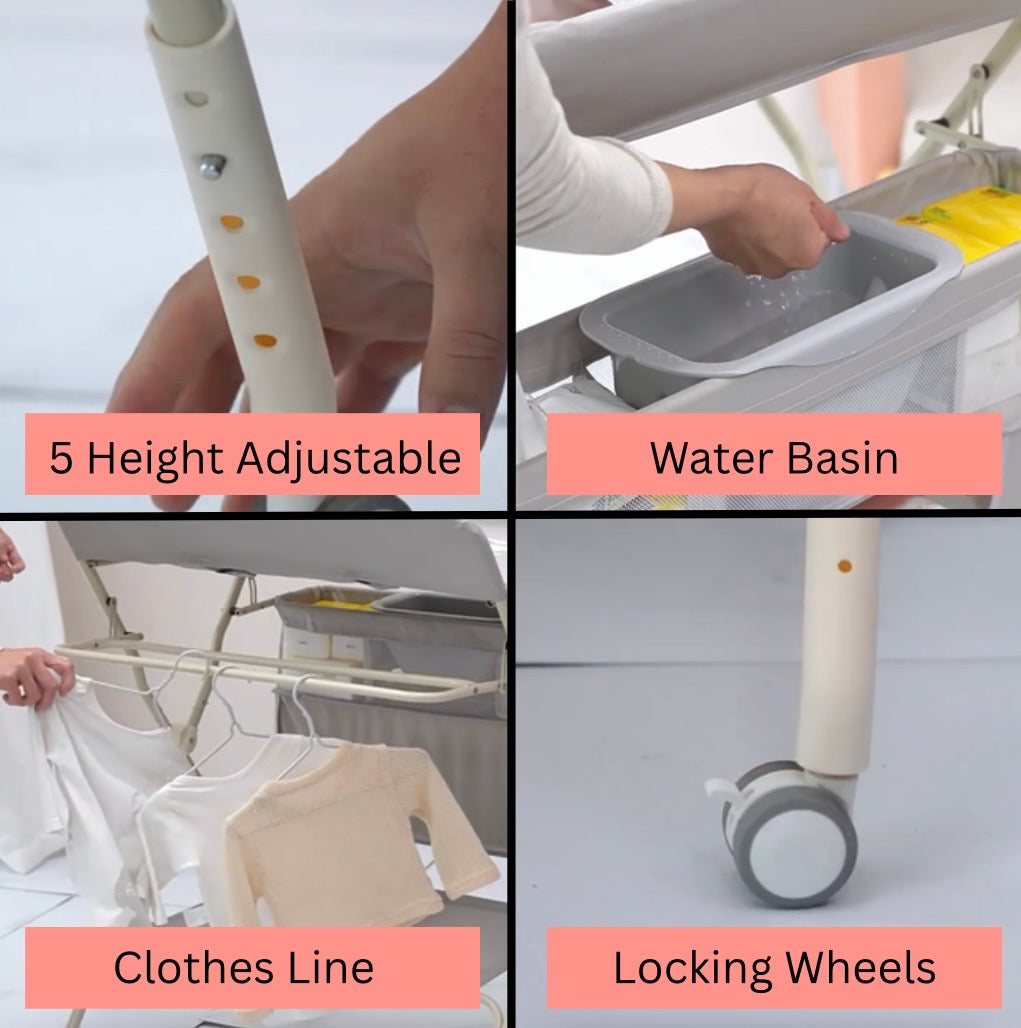 Foldable Baby Changing Table with Storage, Water Basin & Clothes Line