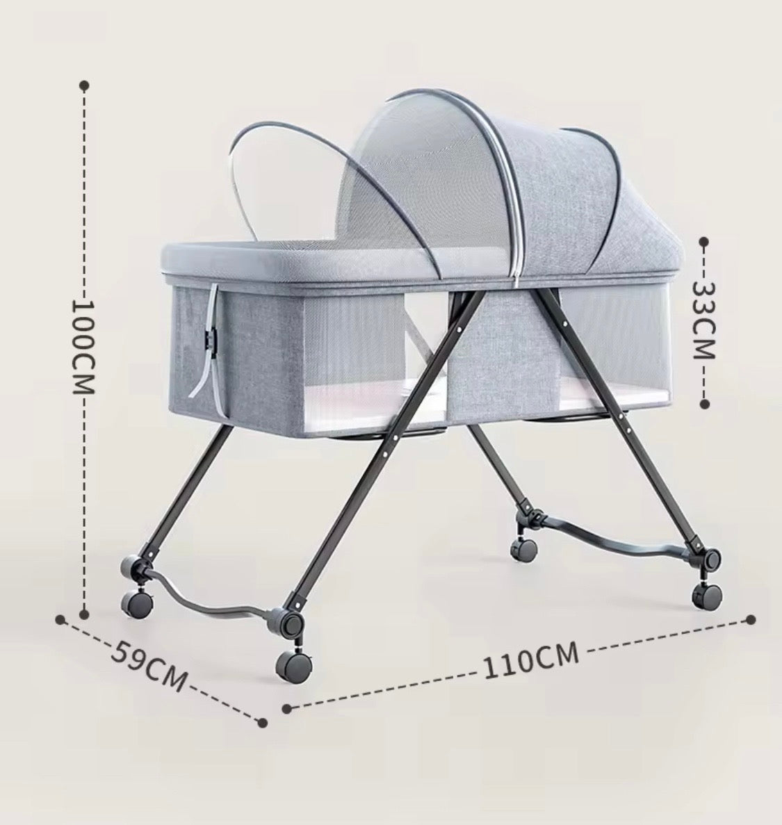 Luna Portable Compact Folding Baby Bassinet with Canopy and Locking Wheels
