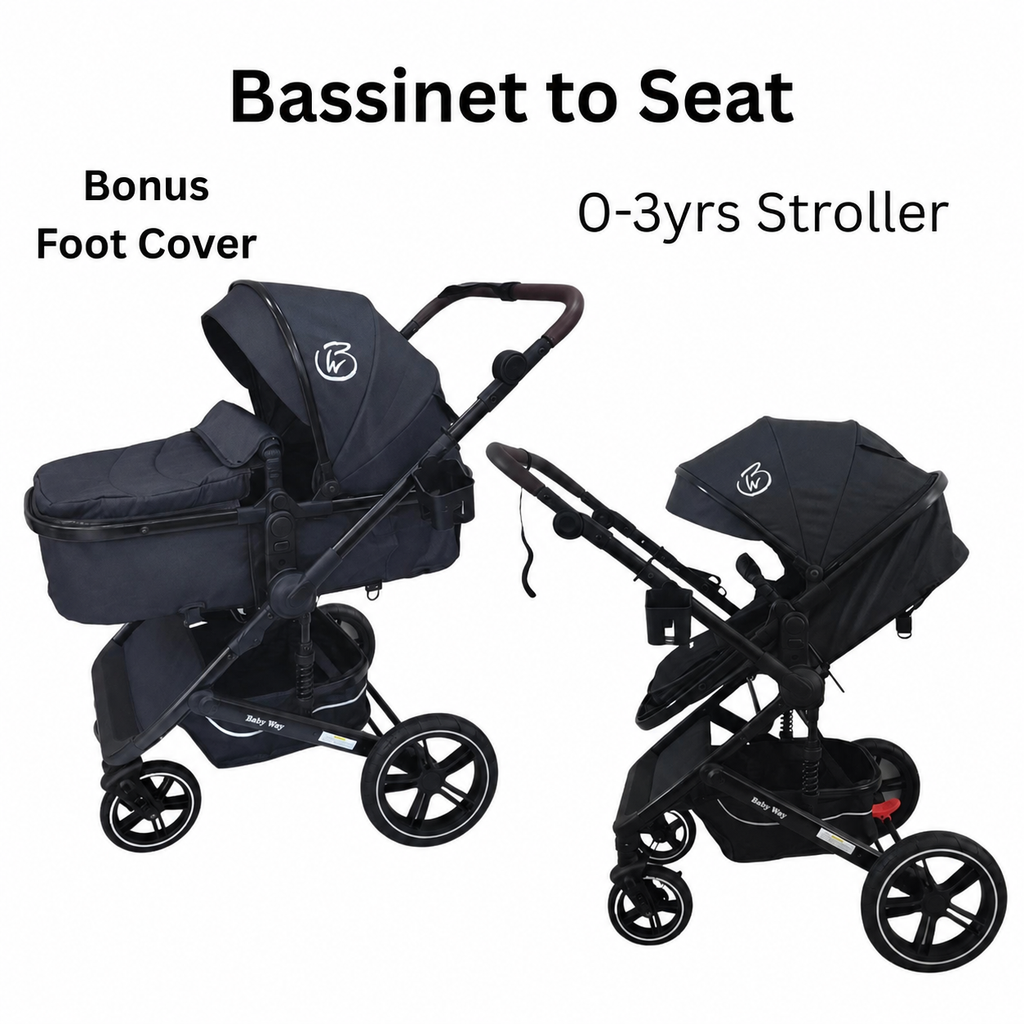 Supra Black - 3in1 Stroller Buggy + Bassinet + Capsule Travel System with Sunshade Sets and Food Tray & Grey Colour Pack