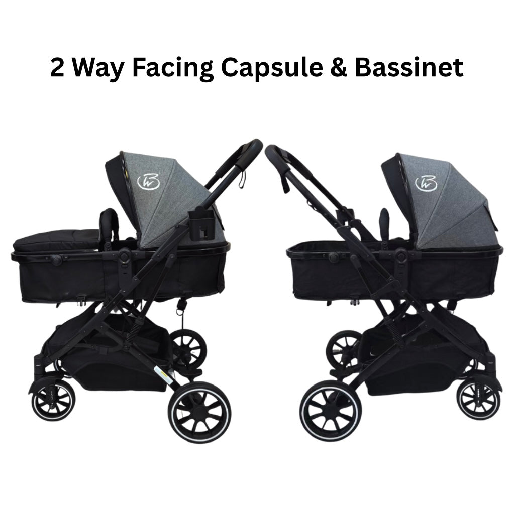 Preorder - Gold Series 3-in-1 Travel System - Bassinet + Stroller + Capsule with Food Tray - Grey/Black
