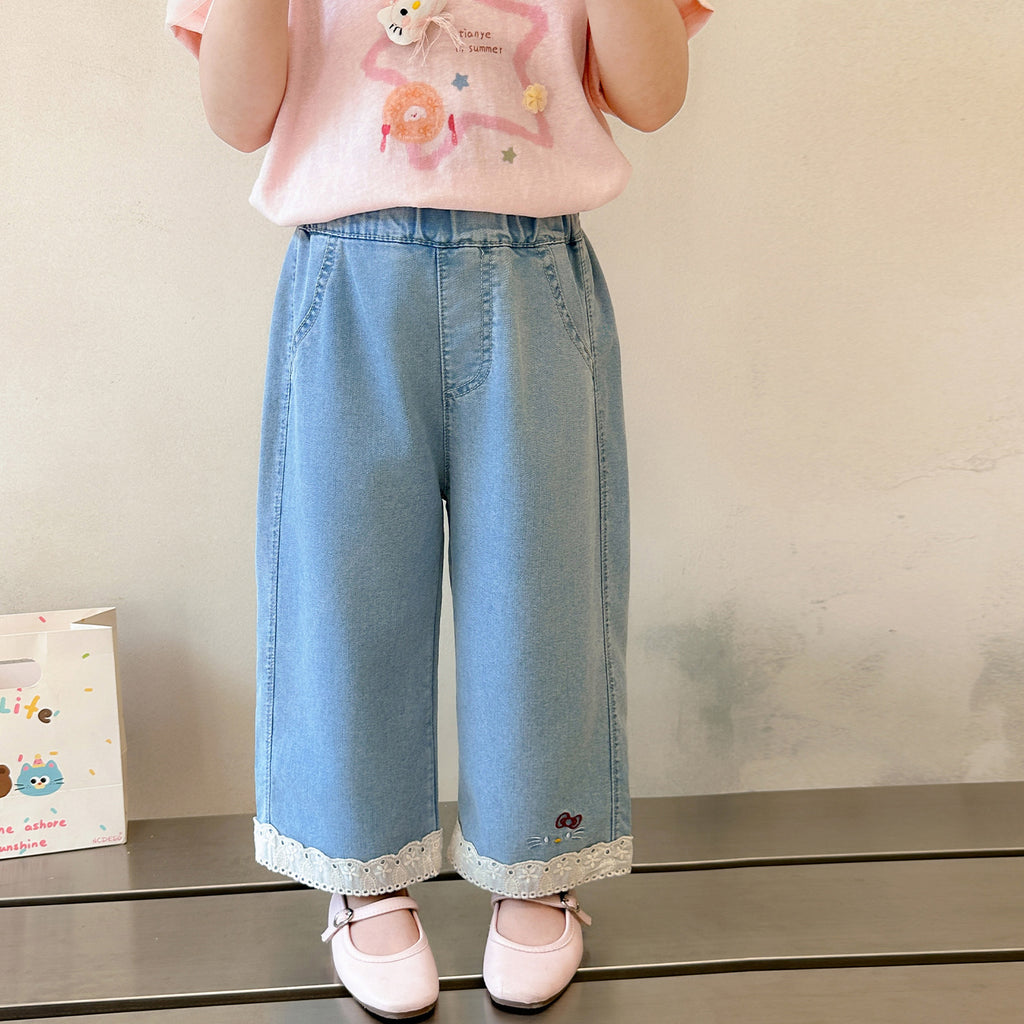 Children's Cartoon Ruffled Denim Pants  Girls Straight Leg Pants Kids