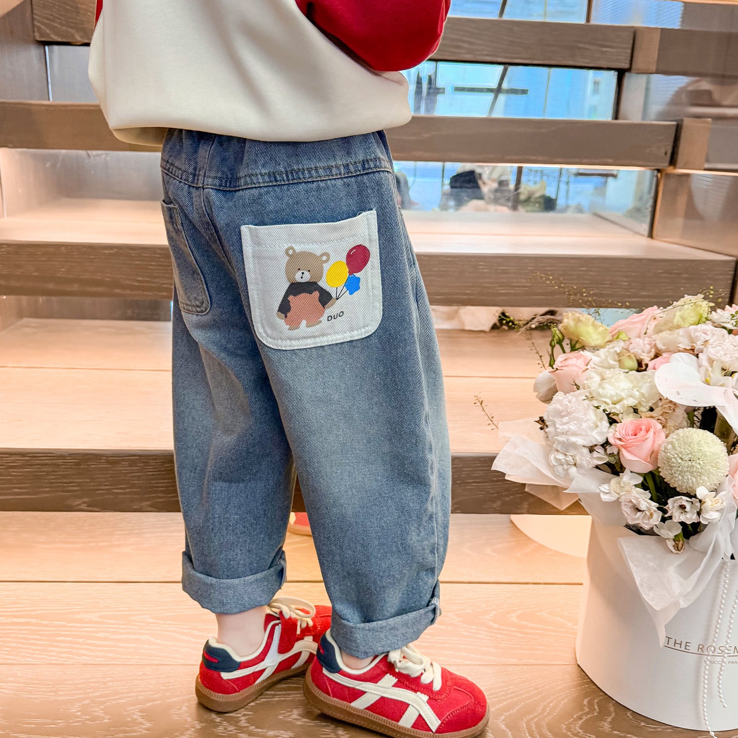 Children's Pocket Printed Jeans Girls Dad Pants Kids Clothing
