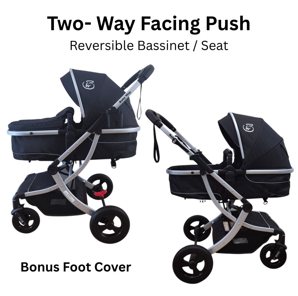 Starla Silver – 2-in-1 Bassinet to Seat All-Terrain Stroller + Food Tray