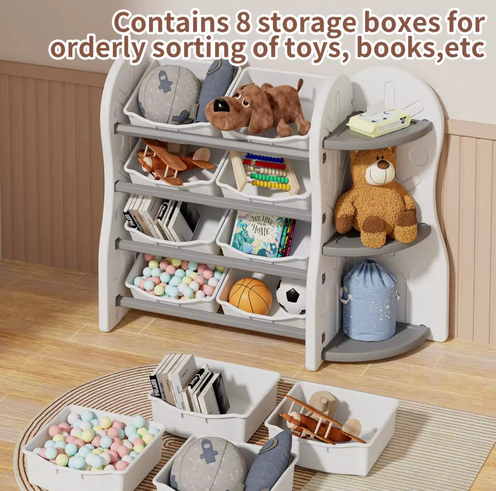 Treehouse Toy & Book Storage Shelf with 8 Bins – White & Grey