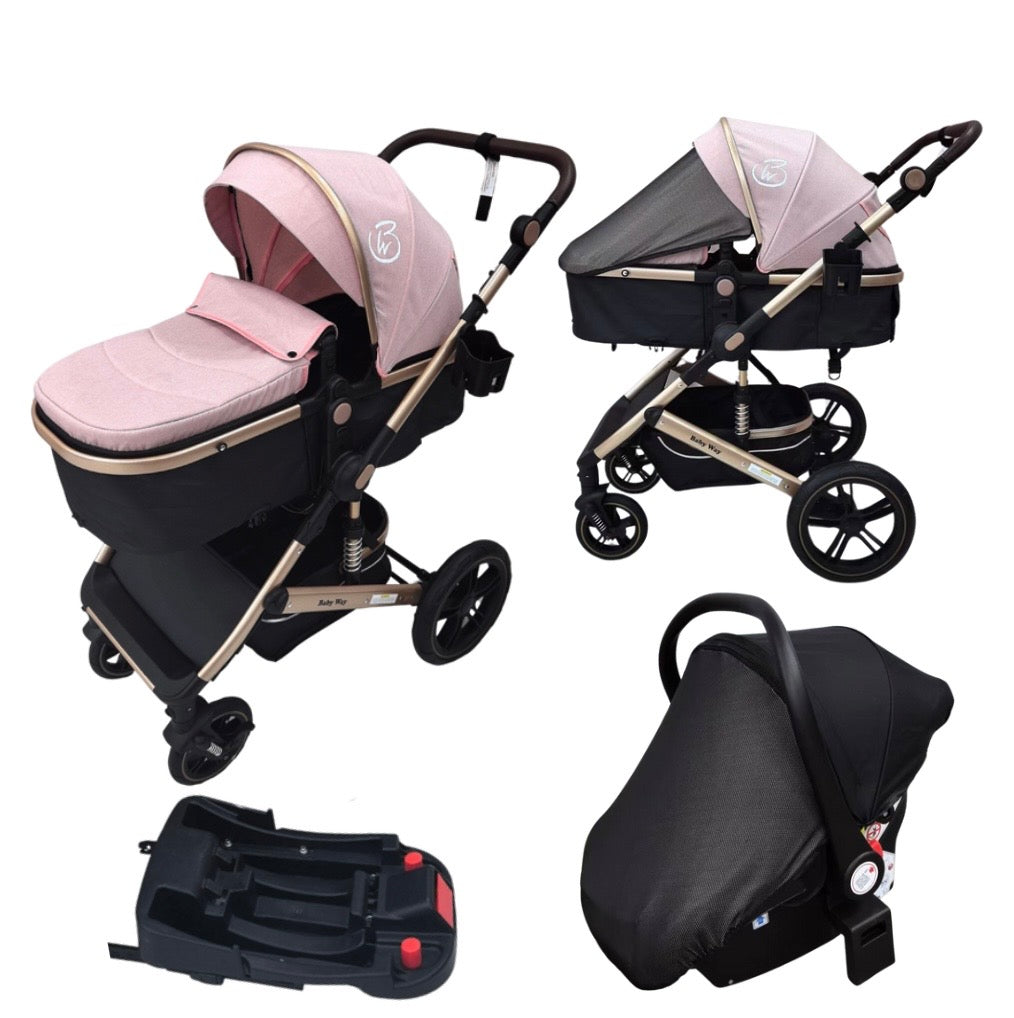 Preorder - Supra Gold - 3 in 1 Stroller Buggy + Bassinet + Capsule Car Seat Combo with Mattress, Food Tray and Pink Skin