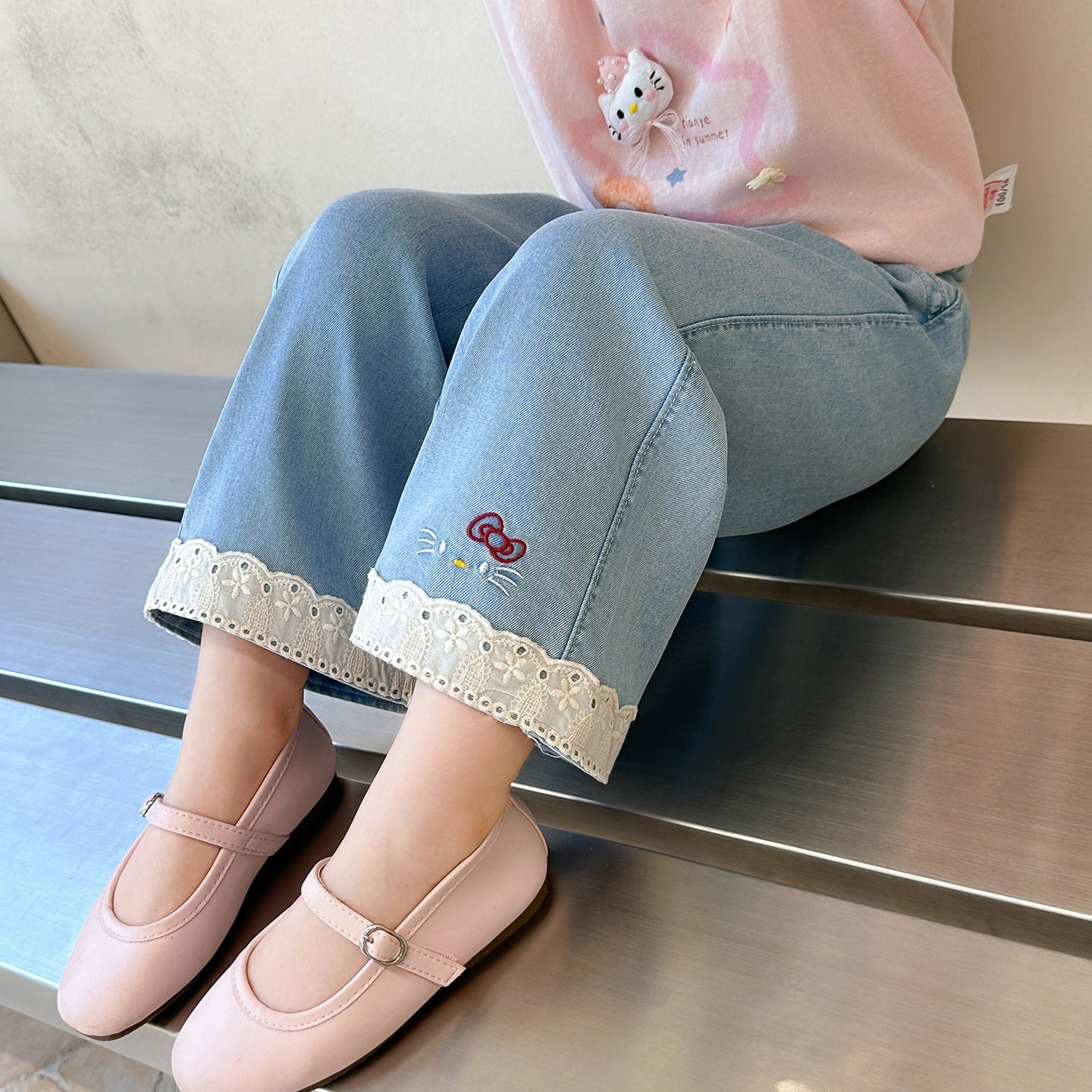 Children's Cartoon Ruffled Denim Pants  Girls Straight Leg Pants Kids