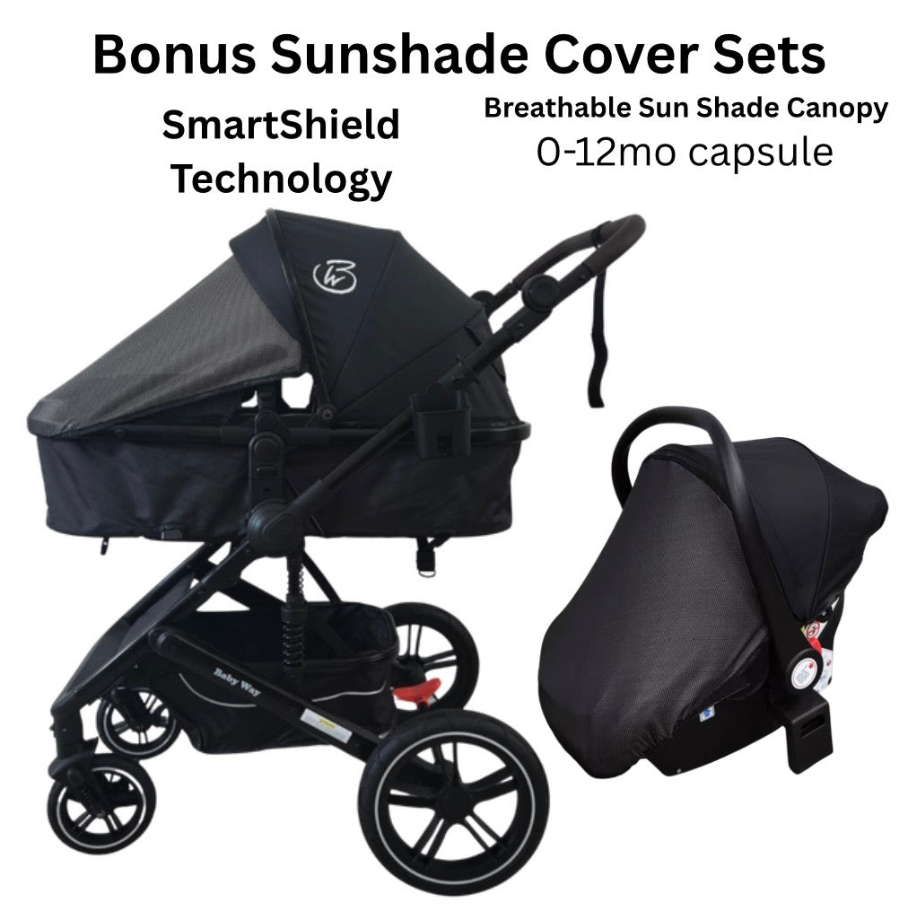 Supra Black - 3in1 Stroller Buggy + Bassinet + Capsule Travel System with Sunshade Sets & Food Tray & Pink Colour Pack