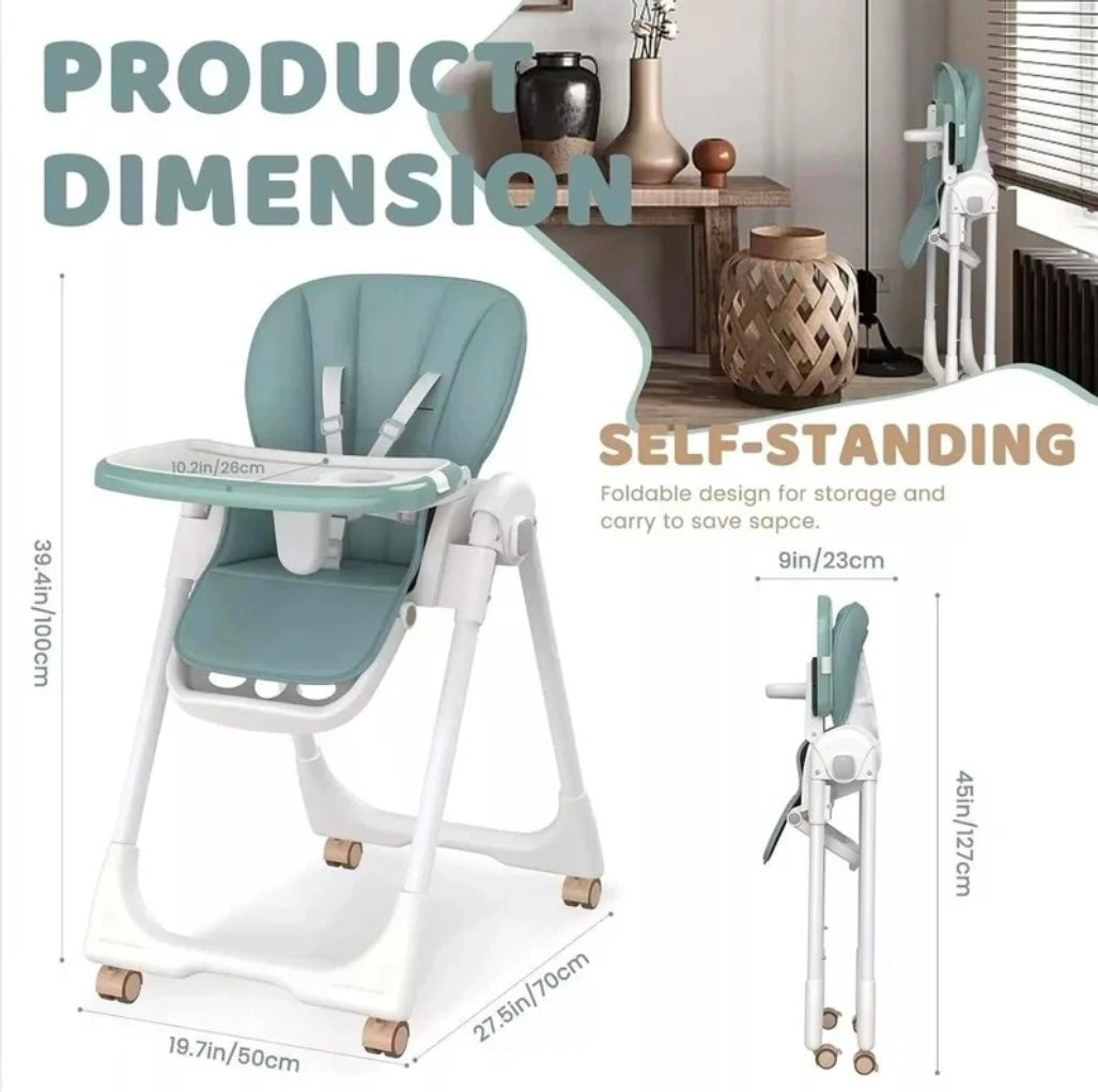 Elevate Adjustable and Folding High Chair with Locking Wheels and Storage Basket - BROWN