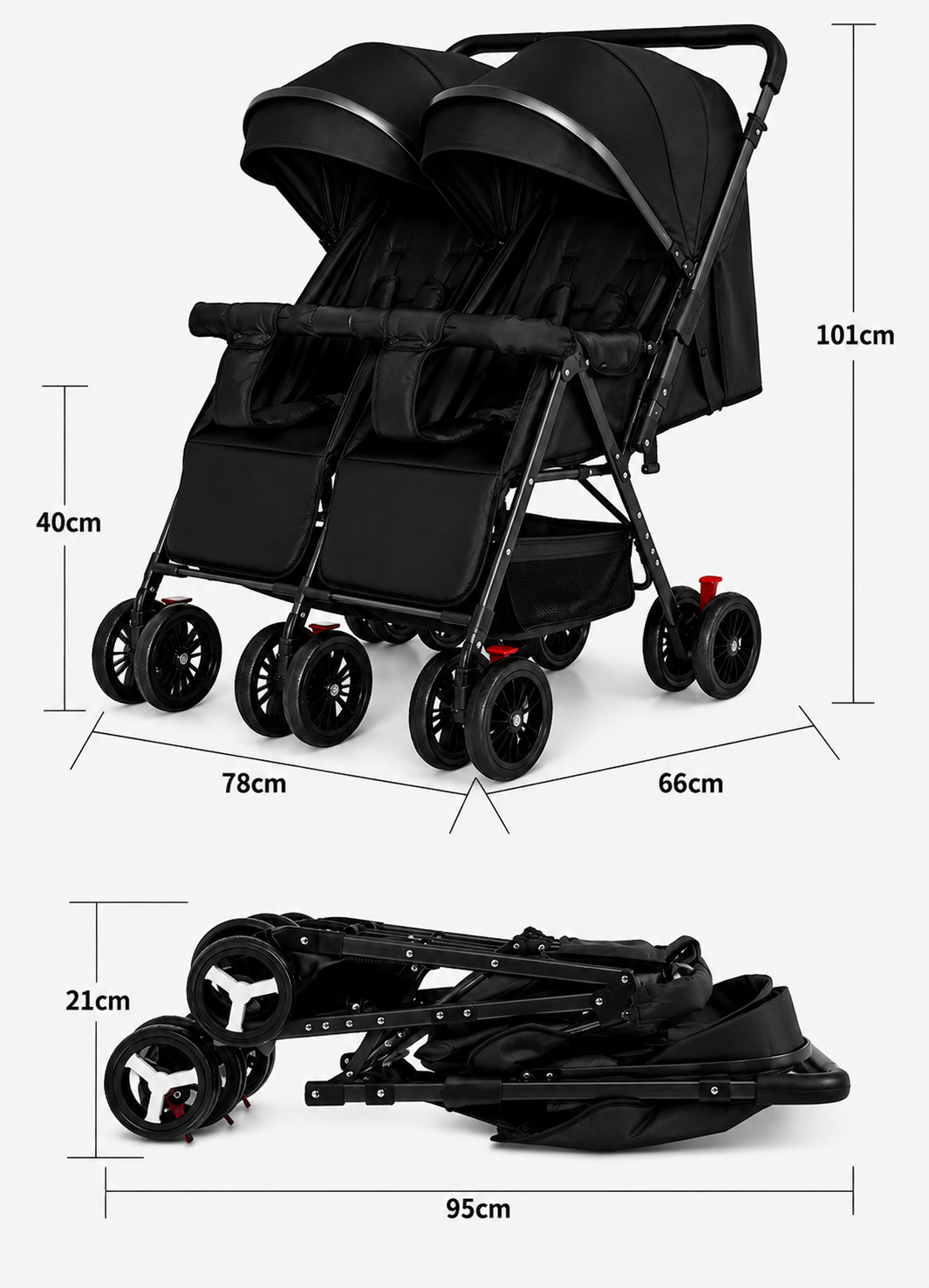 TwinGo Black 2-Way Folding Compact Double / Twin Stroller + Rain Cover