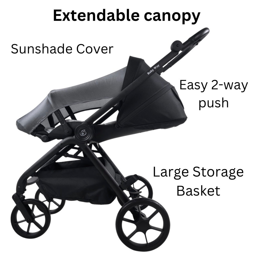 Crown Y – Luxury Reversible Open Bassinet Stroller with Sunshade and Extended Canopy