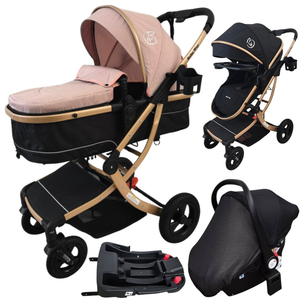 Preorder - Legacy Gold - 3in1 Stroller + Bassinet + Capsule Car Seat Combo with Mattress, Sunshades, Food Tray with Pink Skin