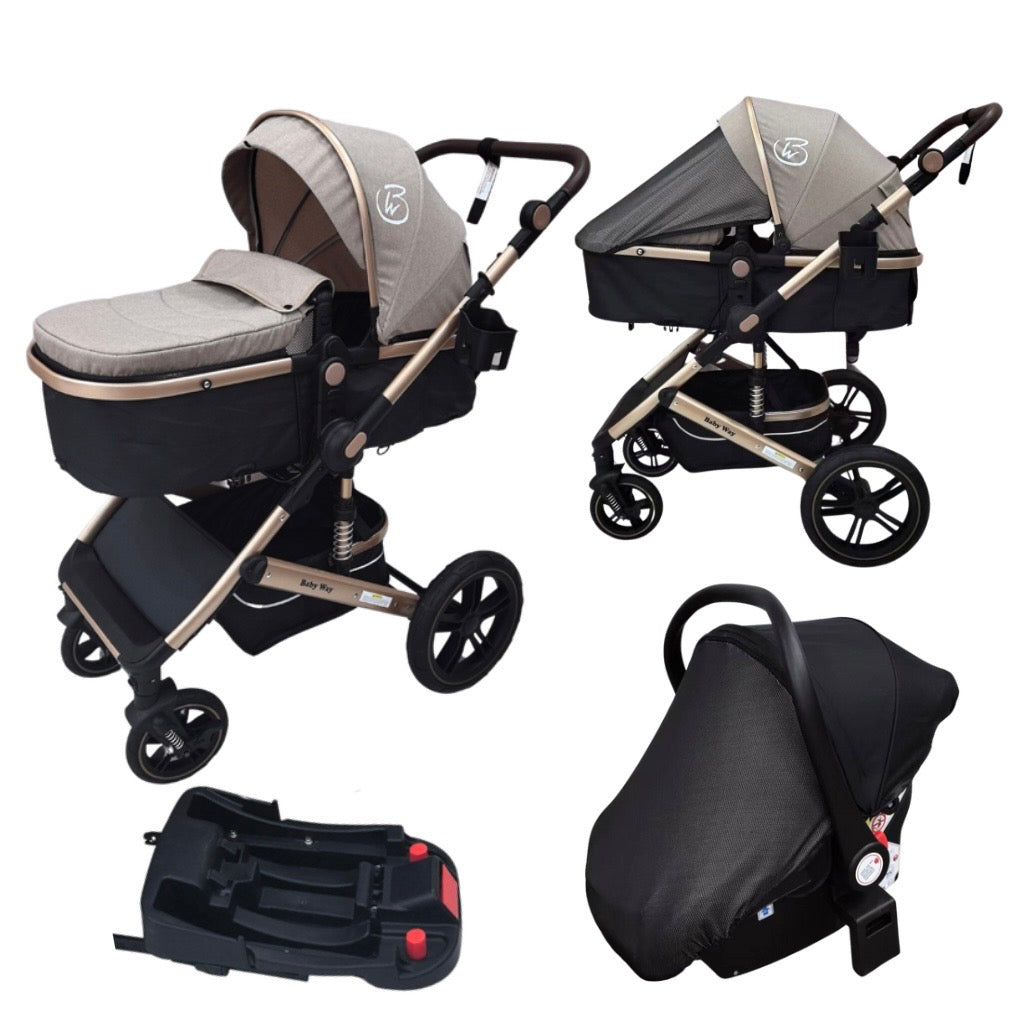 Preorder - Supra Gold - 3 in 1 Stroller Buggy + Bassinet + Capsule Car Seat Combo with Mattress, Food Tray and Beige Skin