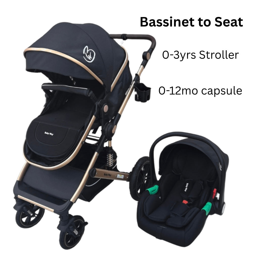 Preorder - Supra Gold 3-in-1 Travel System – Stroller Buggy + Bassinet + Capsule Car Seat and Mattress, Food Tray - Black Gold