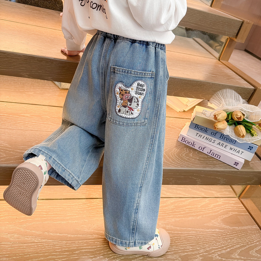 Children's Cartoon Straight Pants  Girls' Campus Jeans Kids