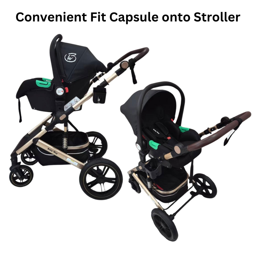 Preorder - Supra Gold 3-in-1 Travel System – Stroller Buggy + Bassinet + Capsule Car Seat and Mattress, Food Tray - Black Gold