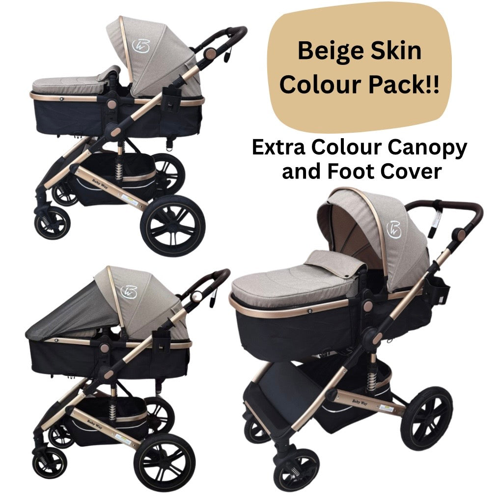 Preorder - Supra Gold - 3 in 1 Stroller Buggy + Bassinet + Capsule Car Seat Combo with Mattress, Food Tray and Beige Skin