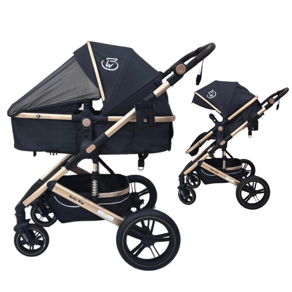 Preorder - Supra Gold 3-in-1 Travel System – Stroller Buggy + Bassinet + Capsule Car Seat and Mattress, Food Tray - Black Gold