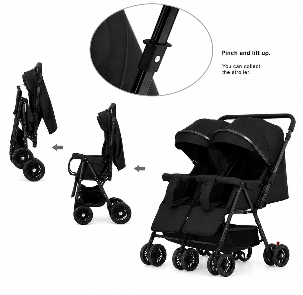 TwinGo Black 2-Way Folding Compact Double / Twin Stroller + Rain Cover