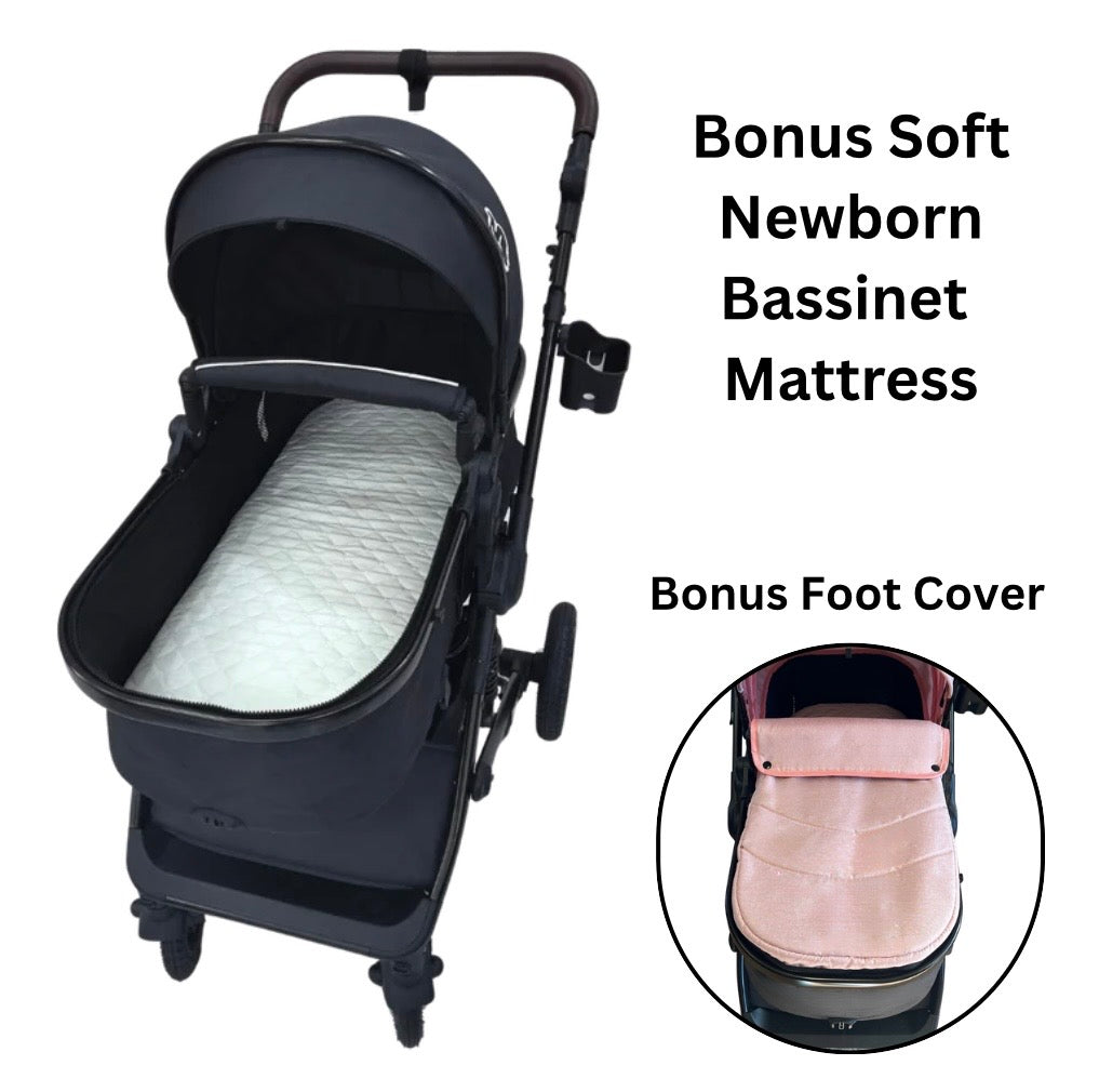 Supra Black - 3in1 Stroller Buggy + Bassinet + Capsule Travel System with Sunshade Sets & Food Tray & Pink Colour Pack