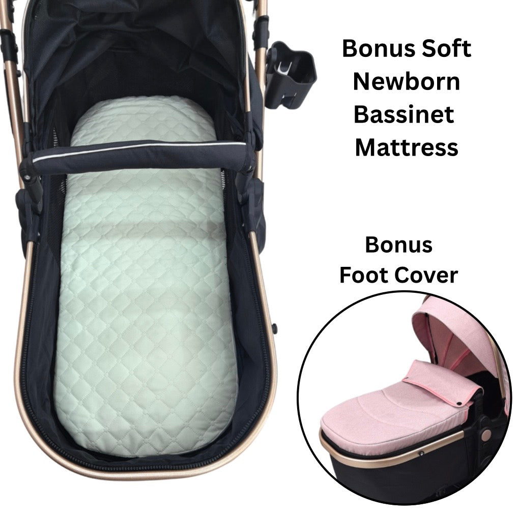Preorder - Supra Gold - 3 in 1 Stroller Buggy + Bassinet + Capsule Car Seat Combo with Mattress, Food Tray and Pink Skin