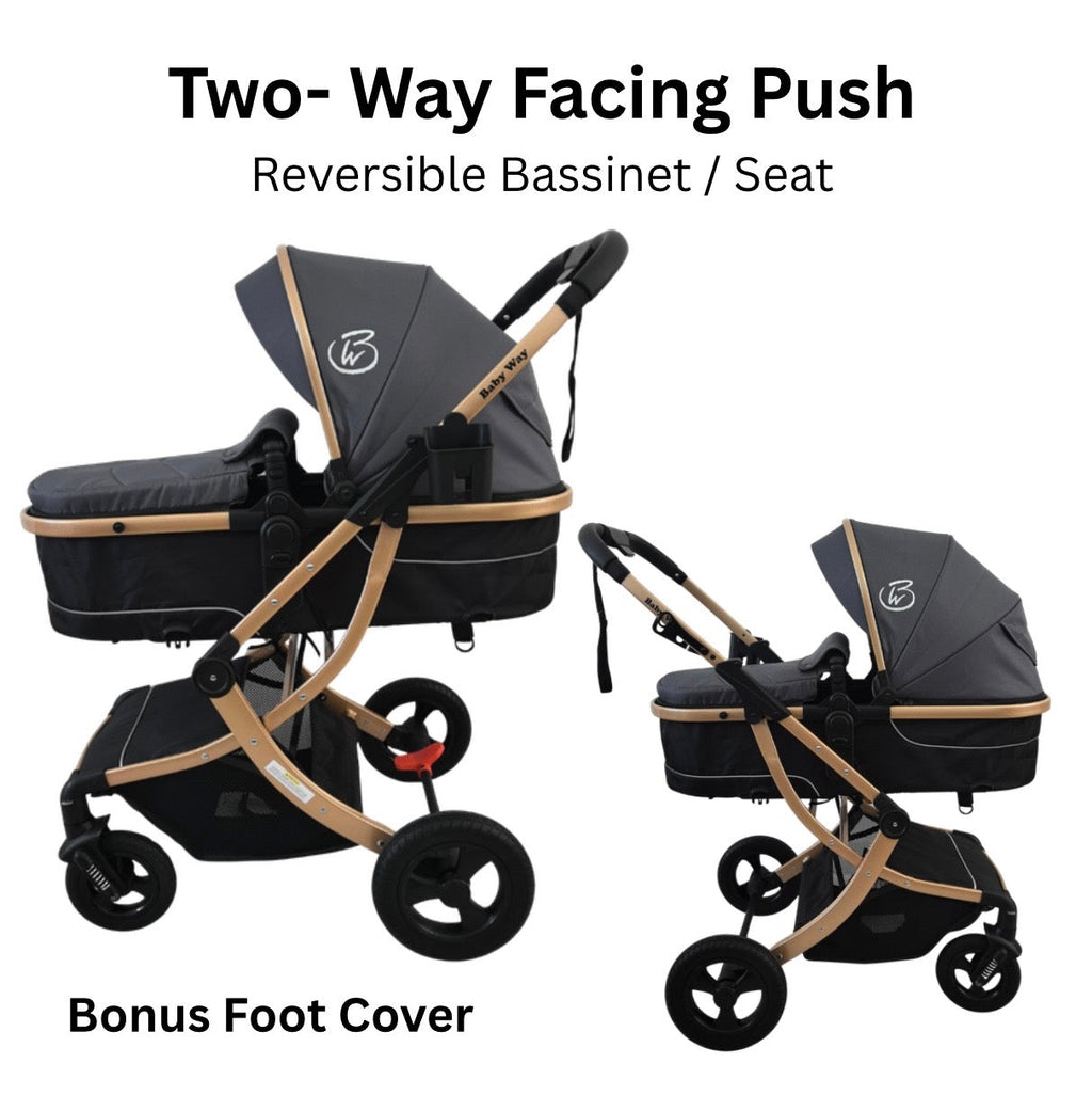 Preorder - Legacy Gold - 3in1 Stroller + Bassinet + Capsule Car Seat Combo with Mattress, Sunshades, Food Tray and Grey Skin