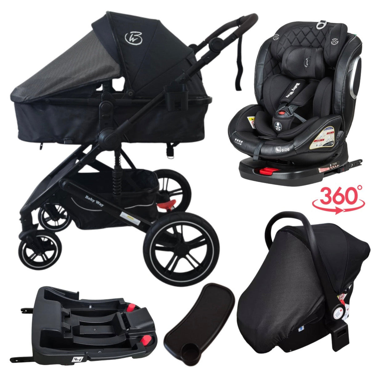 Supra Black Bundle - 4in1 Stroller Buggy + Bassinet + Capsule with ISOFIX Base Combo with i-Size Royal 360 Rotating Convertible Car Seat