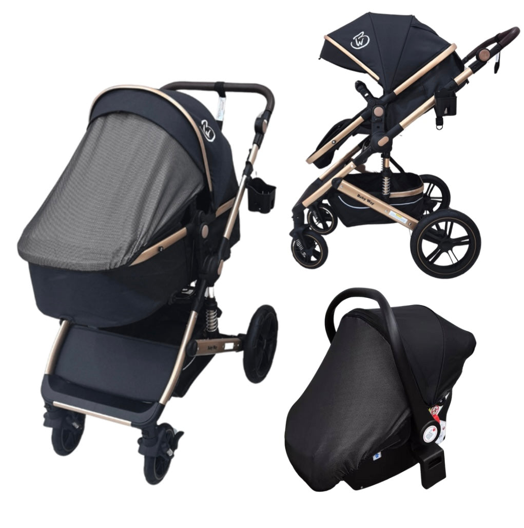 Preorder - Supra Gold 3-in-1 Travel System – Stroller Buggy + Bassinet + Capsule Car Seat and Mattress, Food Tray - Black Gold