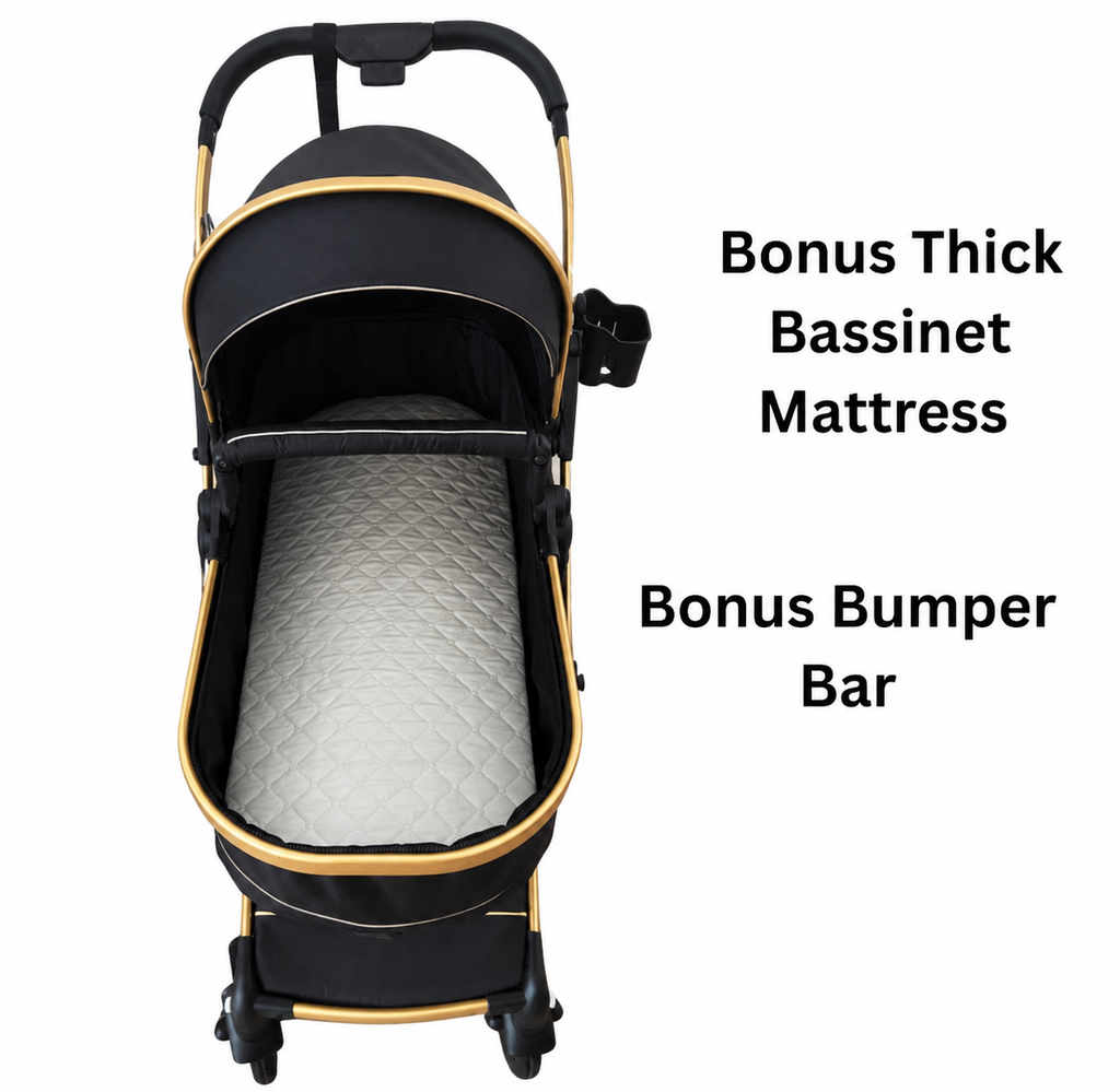 Preorder - Legacy Gold - 3in1 Stroller + Bassinet + Capsule Car Seat Combo with Mattress, Sunshades, Food Tray with Pink Skin