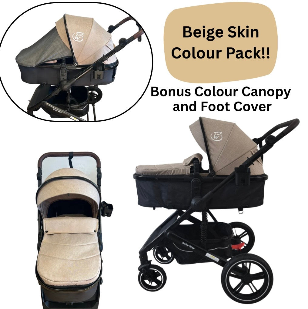 Supra Black - 3in1 Stroller Buggy + Bassinet + Capsule Travel System with Sunshade Sets and Food Tray & Beige Colour Pack
