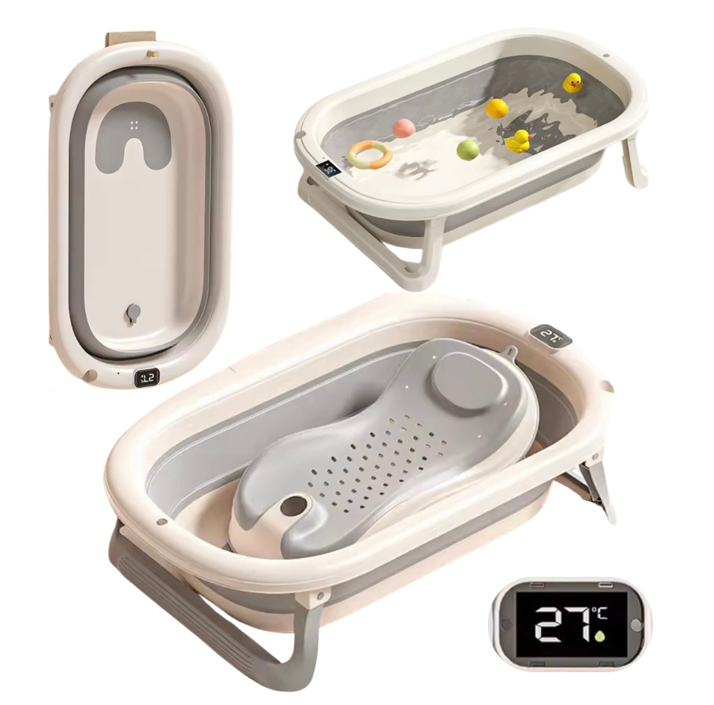 Foldable Baby Bath with Digital Thermometer & Newborn Support Rack - GREY