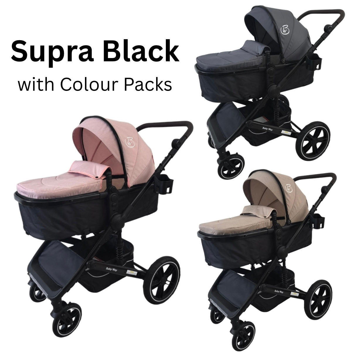 Supra Black - 3in1 Stroller Buggy + Bassinet + Capsule Travel System with Sunshade Sets and Food Tray