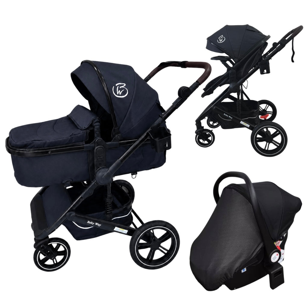 Supra Black - 3in1 Stroller Buggy + Bassinet + Capsule Travel System with Sunshade Sets and Food Tray