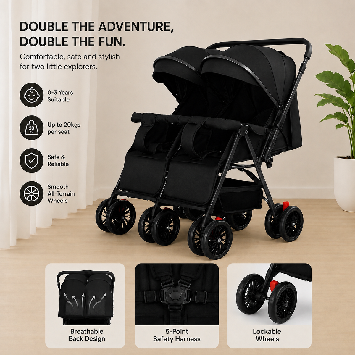 TwinGo Black 2-Way Folding Compact Double / Twin Stroller + Rain Cover