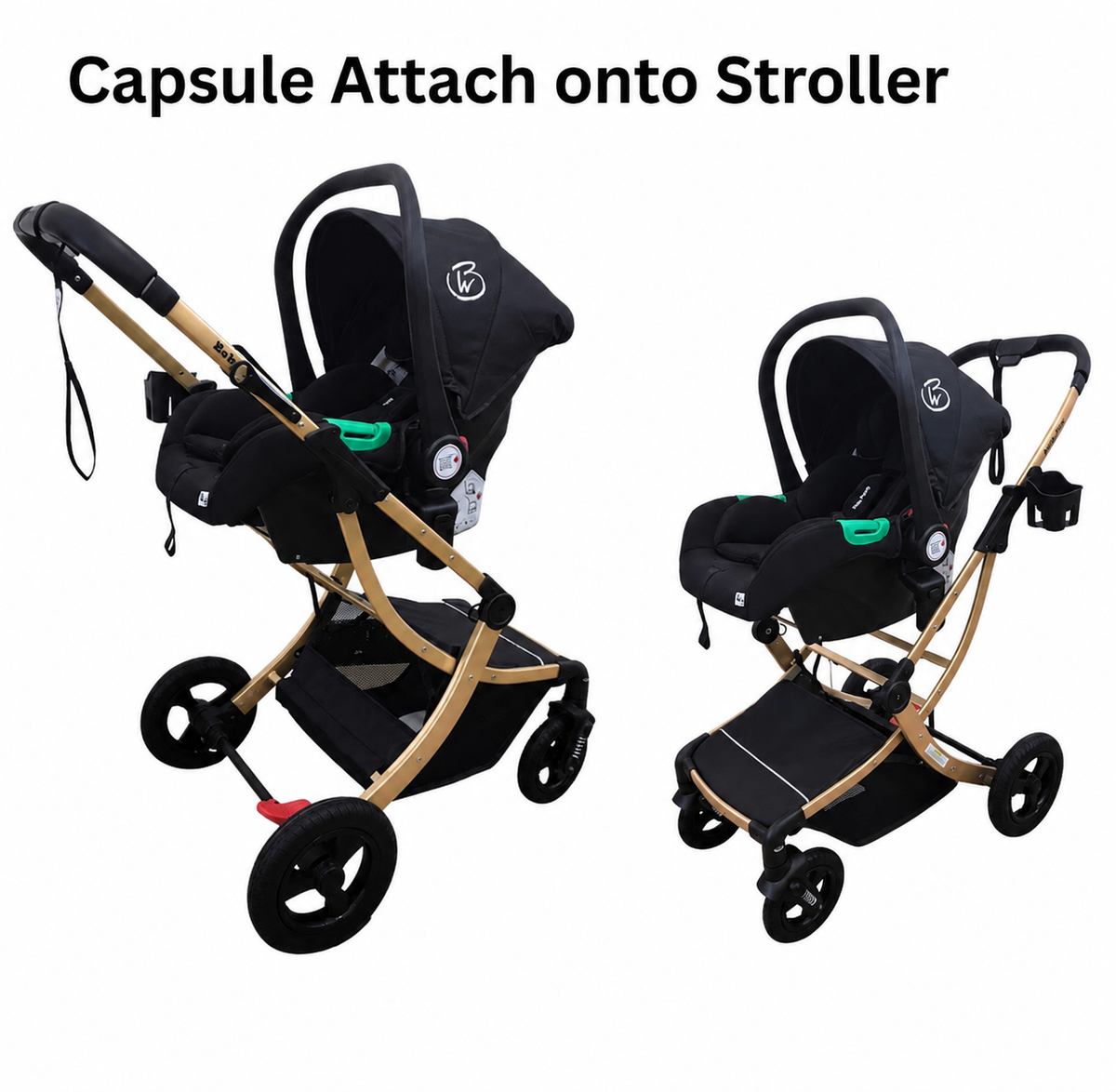 Legacy Gold - 3in1 Stroller + Bassinet + Capsule Car Seat Combo with Mattress, Sunshades, Food Tray and Beige Skin