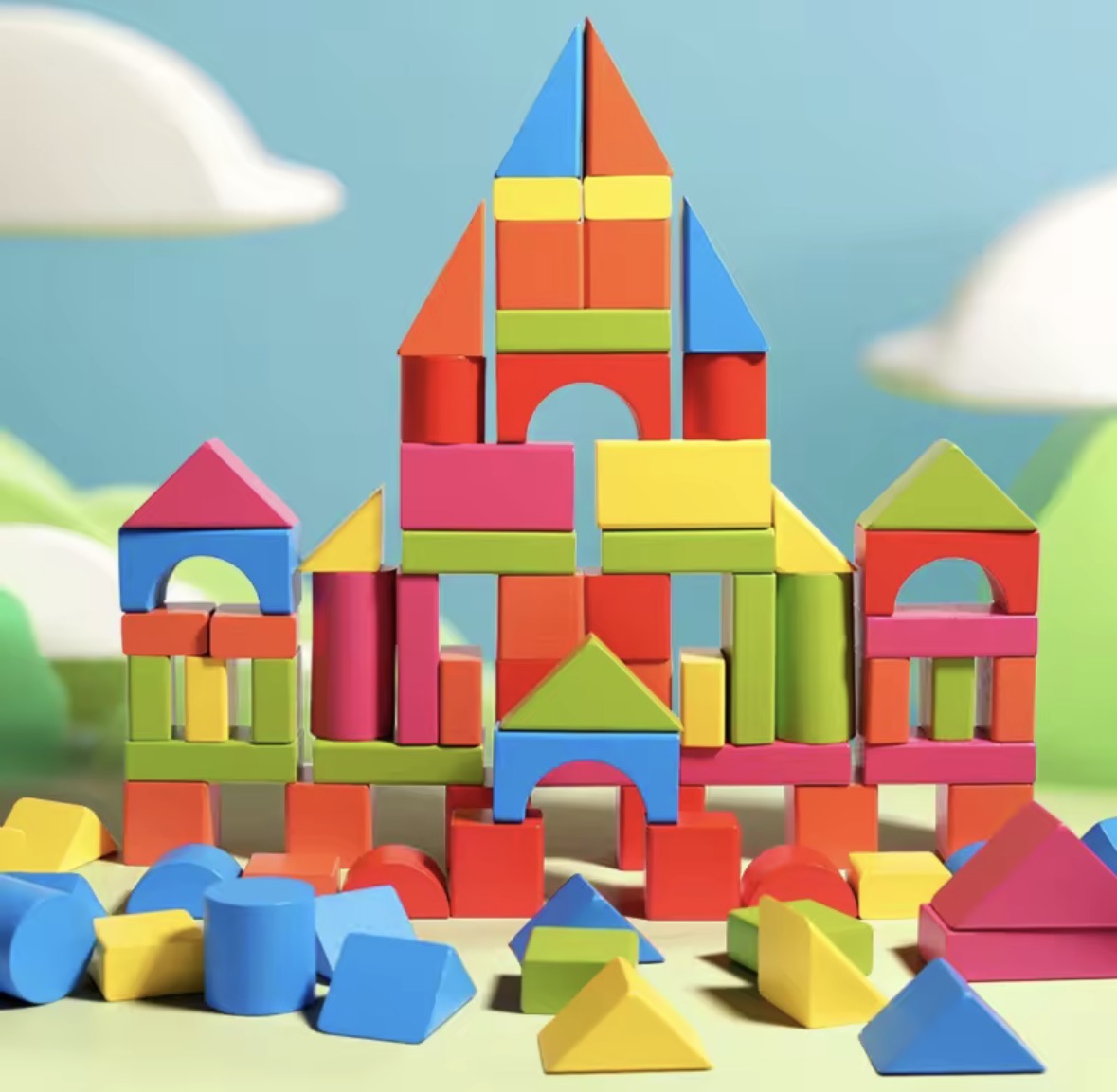 100 Colored Large Wooden Building Blocks