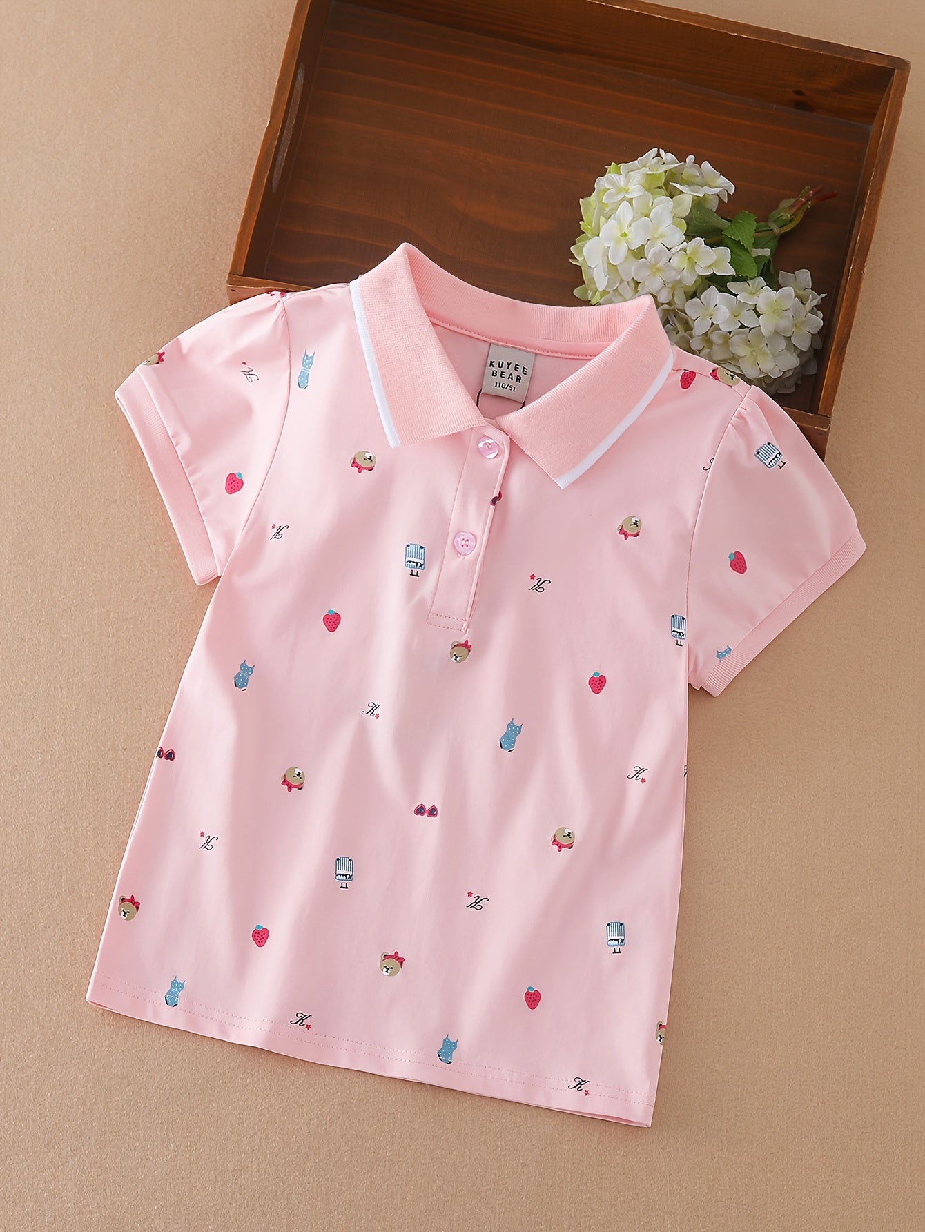 Girls' British Polo Shirt -Front Lapel Collar Short Sleeve T-Shirt