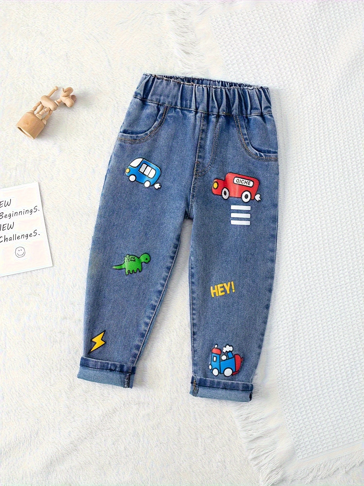Boys' Fun Car Prints, Kids Washed Denim Jeans