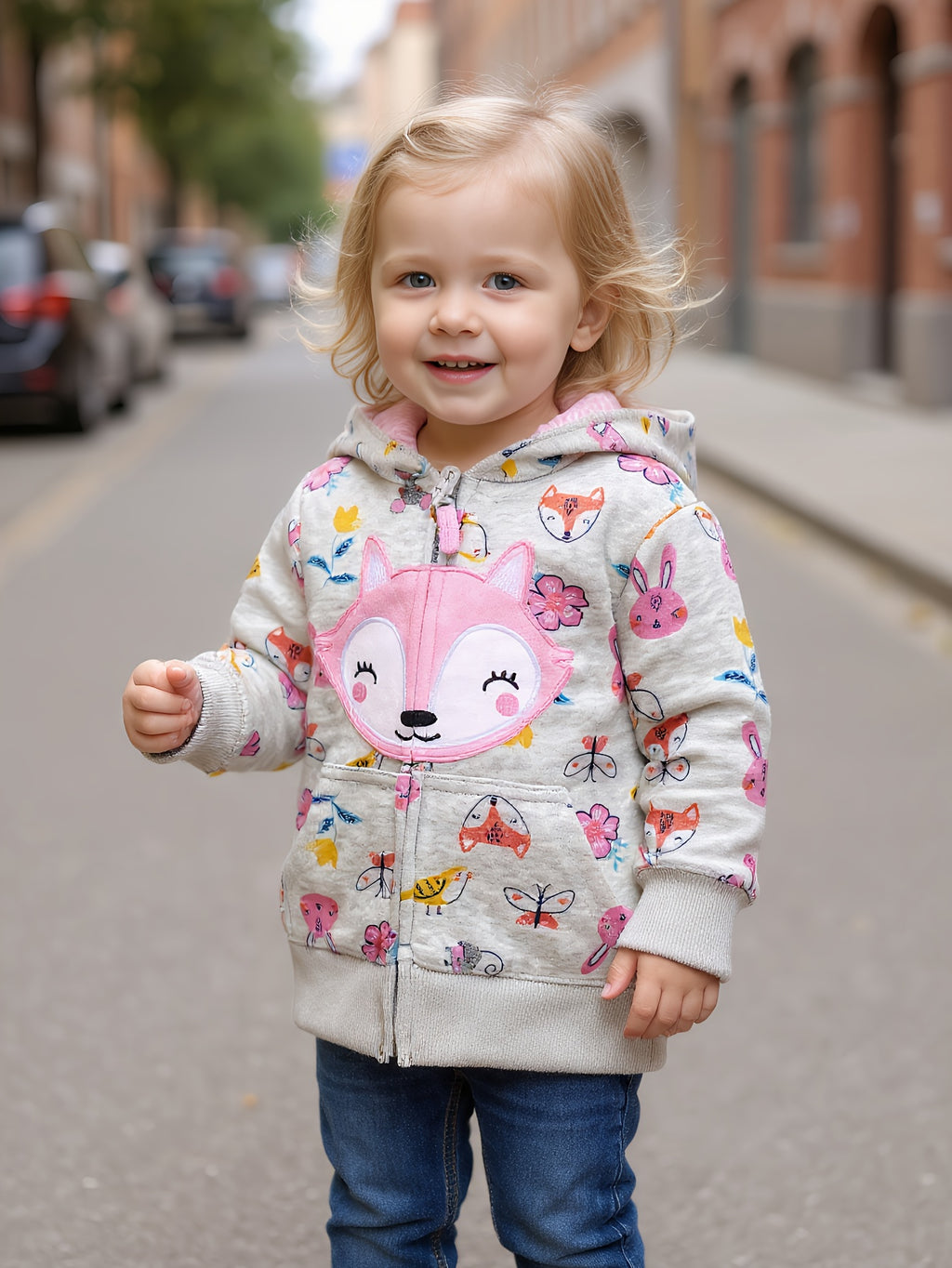 Girls' Animal Print Fox Patch Embroidered Sports Jacket