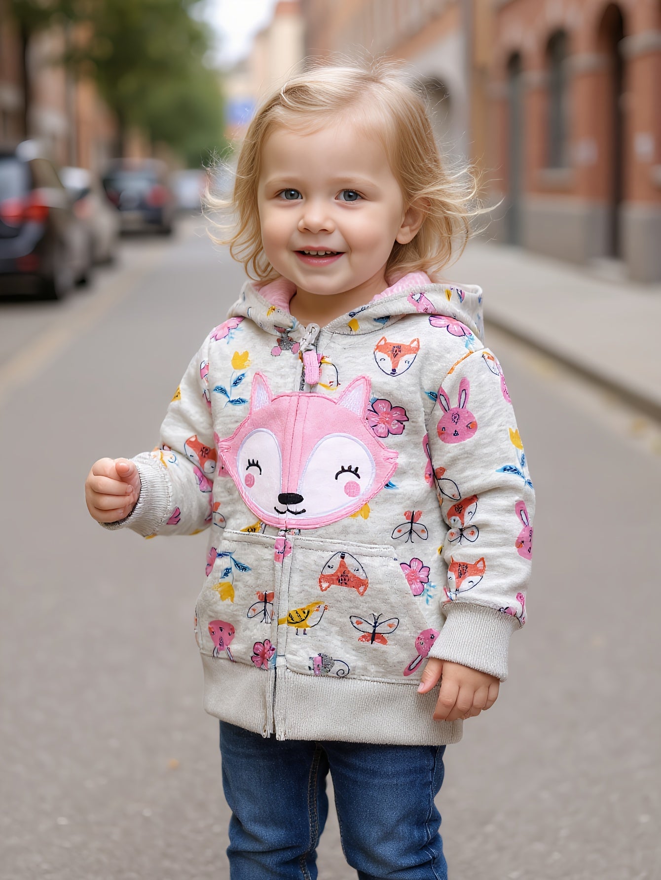 Girls' Animal Print Fox Patch Embroidered Sports Jacket