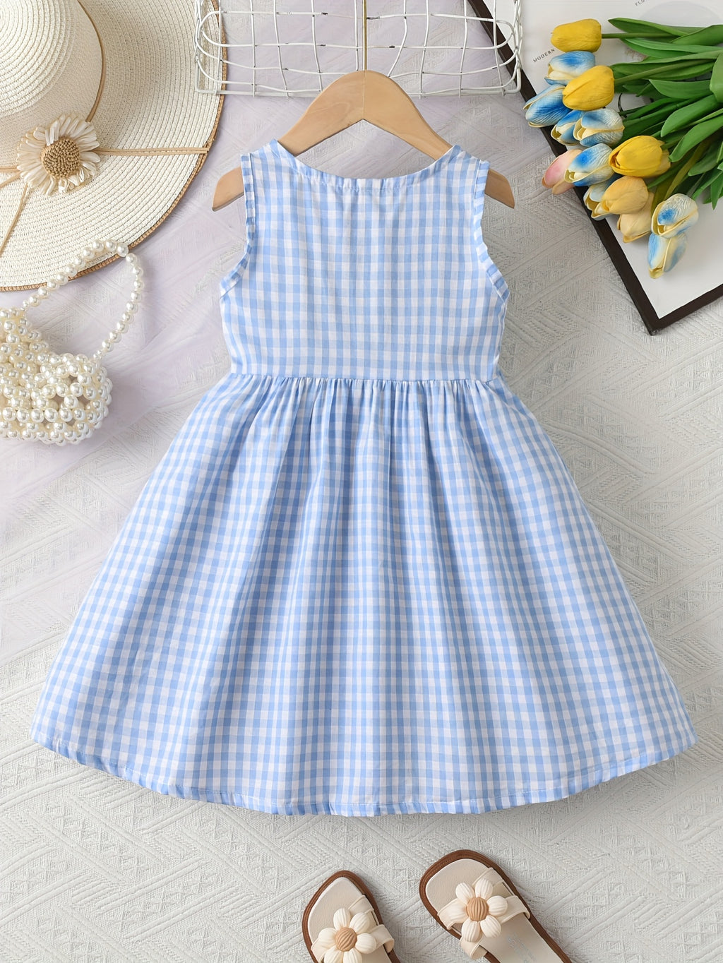 Girls' New Summer Cute and Stylish Plaid Daisy Sleeveless Casual Dress