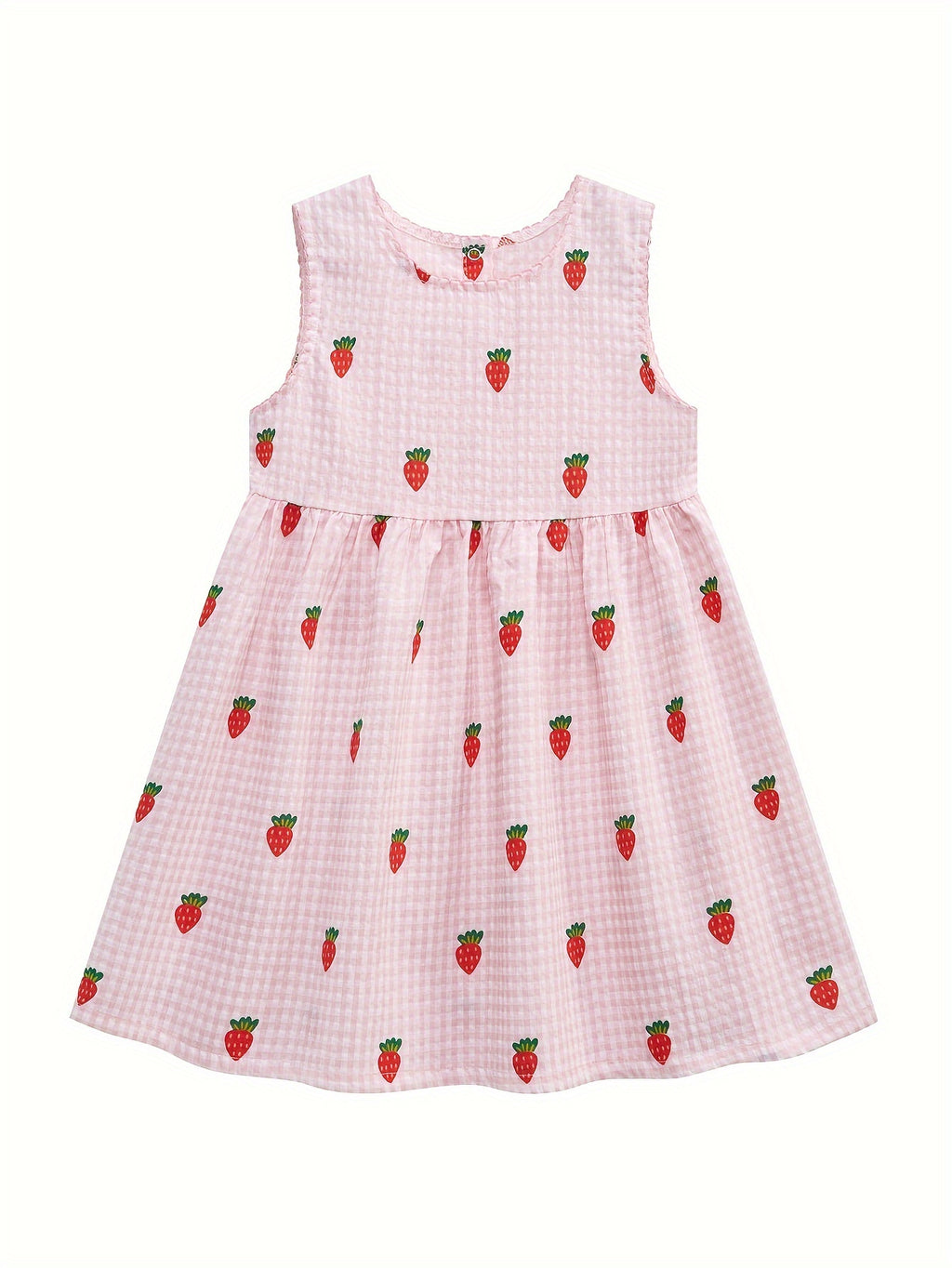 Summer Girls' Pink Cute Sleeveless Dress with Buttons, Cartoon Strawberry Casual Breathable Children's Dress
