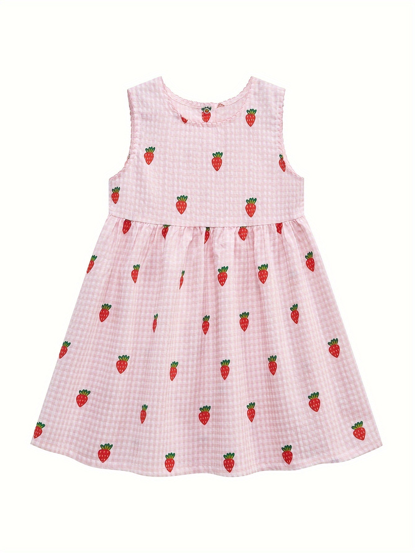 Summer Girls' Pink Cute Sleeveless Dress with Buttons, Cartoon Strawberry Casual Breathable Children's Dress