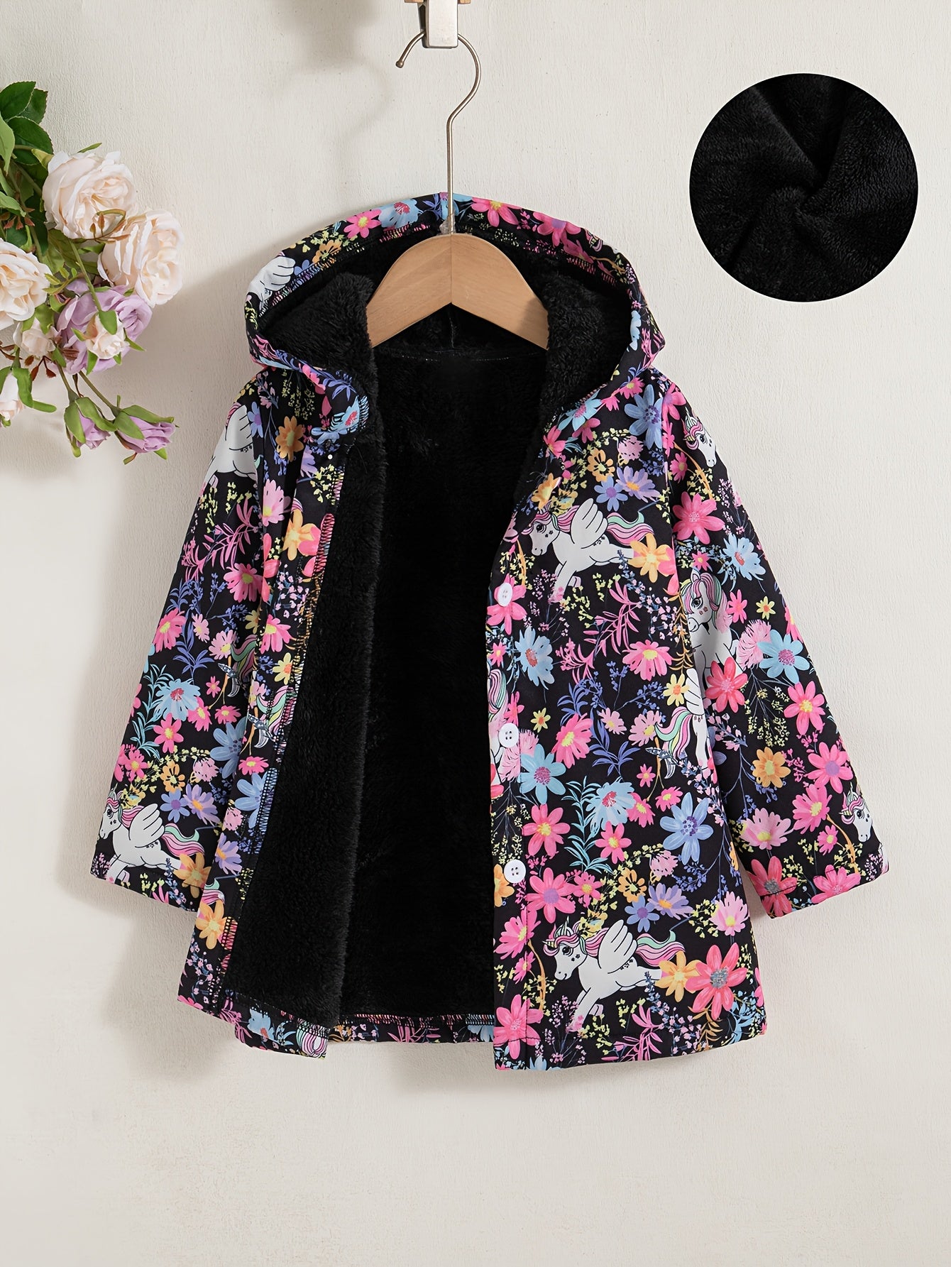 Girls' Floral Pattern Long-Sleeve Hooded Padded Coat