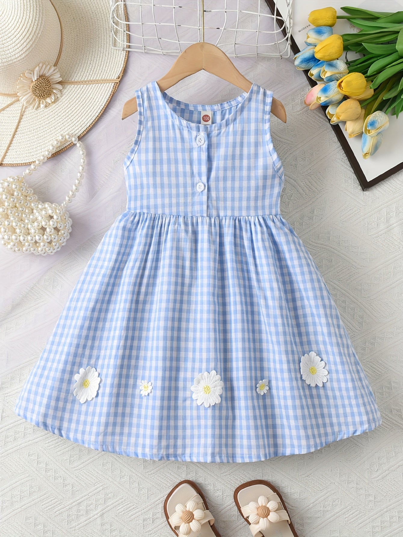 Girls' New Summer Cute and Stylish Plaid Daisy Sleeveless Casual Dress