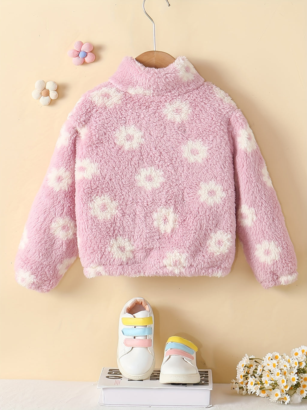 Girls' Plush Floral Stand-Up Collar Coat, Fall Winter Soft Cute Top