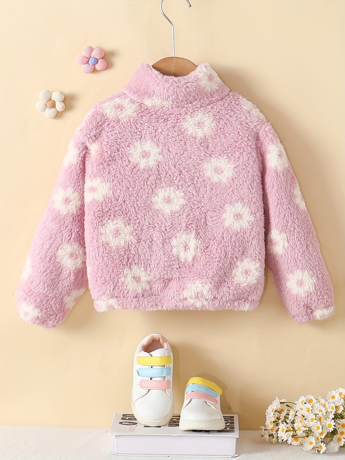 Girls' Plush Floral Stand-Up Collar Coat, Fall Winter Soft Cute Top