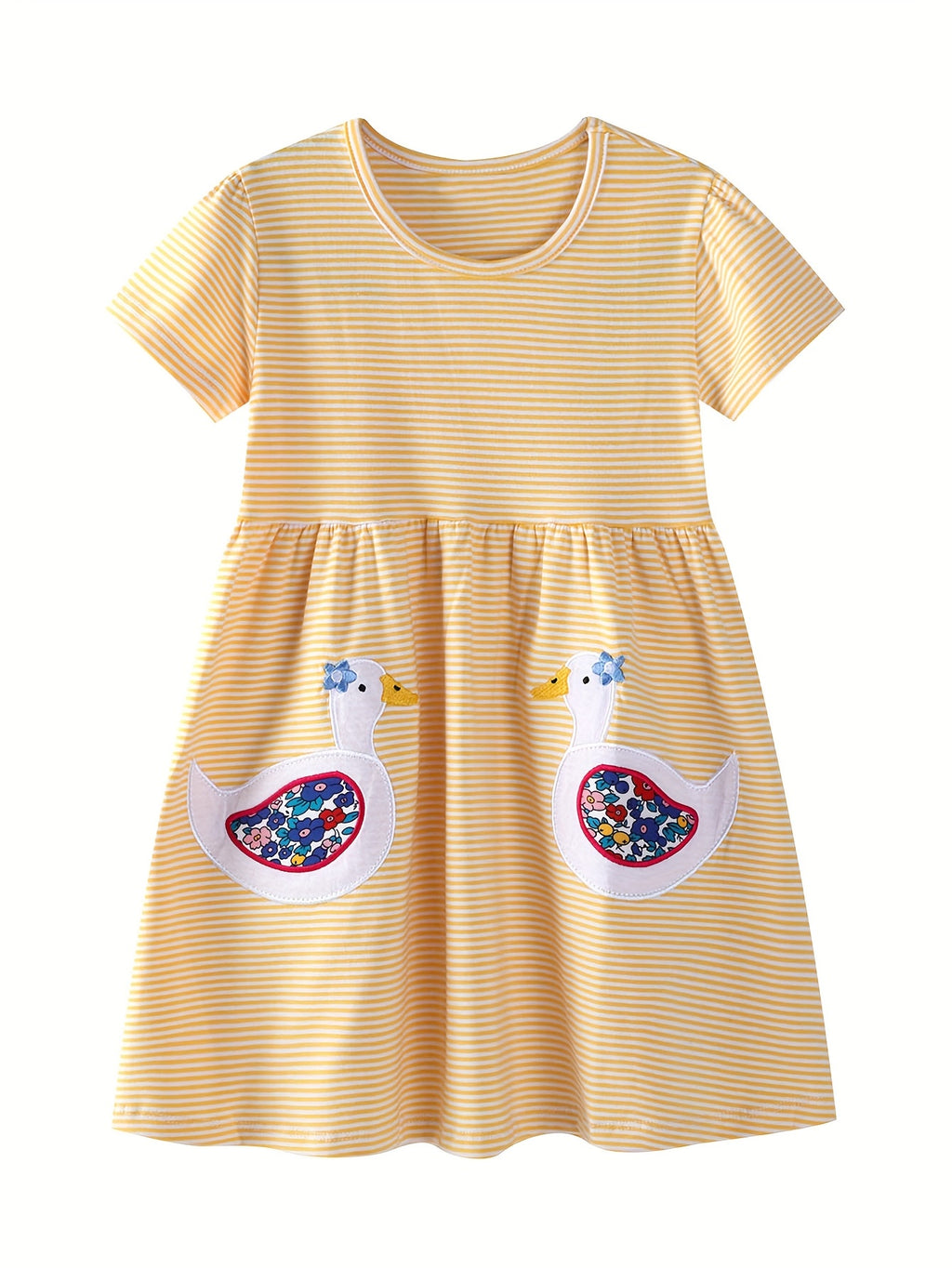 Duck Embroidered Striped Short Sleeve Dress