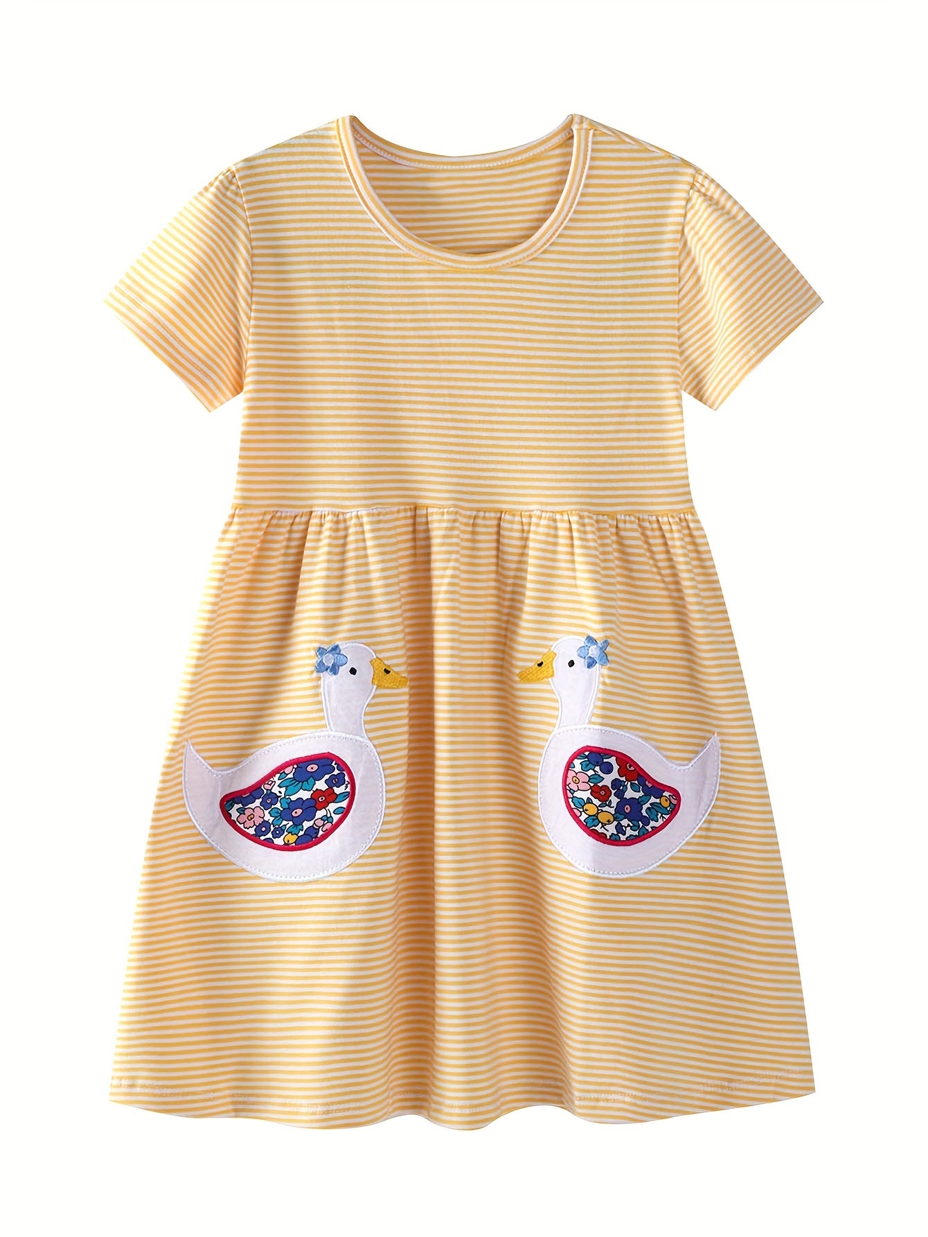 Duck Embroidered Striped Short Sleeve Dress